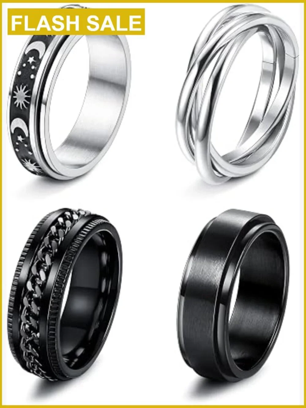 Stainless Steel Fidget Spinner Ring Set - Moon Star Celtic Design, 6 Rings
